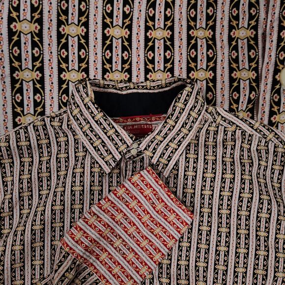 Vintage Guess French Flip Cuff Casual Shirt Size L Baroque Stripe Print